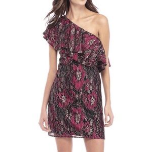 WAYF Purple Metallic One Shoulder Mini Dress Floral Ruffle Off the Shoulder